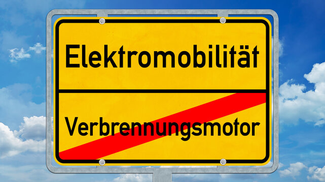 osg70 OrtsSchildGrafik osg - Ortsschild mit der Aufschrift: Elektromobilit&auml;t versus Verbrennungsmotor . Verbrenner Verbot / Benzin - Diesel Autos - Dieselmotor - Benzinmotor - 16zu9 g11323