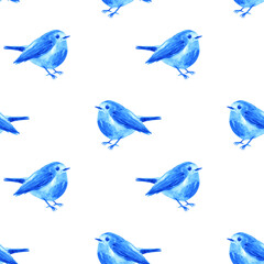 Seamless pattern with blue watercolor birds isolated on white background.