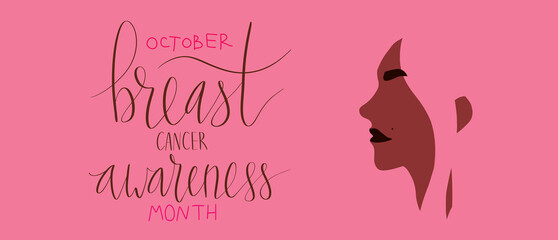 October Breast Cancer Awareness Month campaign web banner. Hispanic woman illustration. Handwritten lettering vector