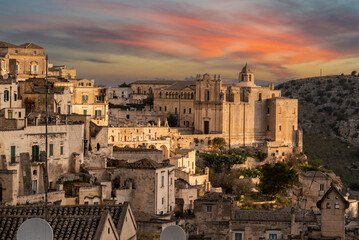 Sunset over convent of Saint Agostino in Matera, Southern Italy