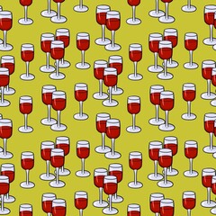 Yellow print, glass tall glasses with red wine, seamless square pattern