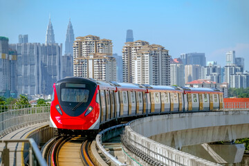 Malaysia Mass Rapid Transit (MRT) Putrajaya Line train with Kuala Lumpur view