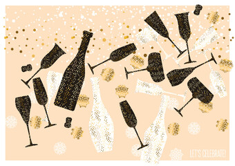 Champagne bottles and glasses for winter party