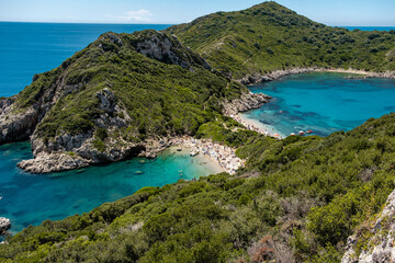 Fototapeta premium top down view on Porto Timoni beach in corfu, Greece with turquoise water