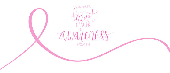 October Breast Cancer Awareness Month campaign web banner with ribbon. Handwritten lettering vector