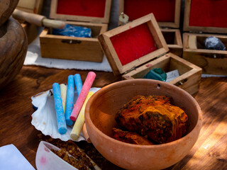 artist painter's table, tools to create colors such as mortar