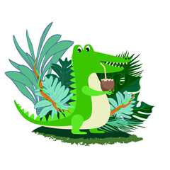 Illustration of Crocodile with Coconut