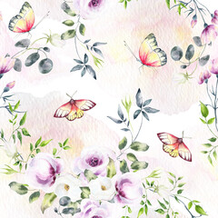Hand drawn watercolor seamless pattern of bright colorful realistic butterflies,splashes and flowers .Mixed media art.