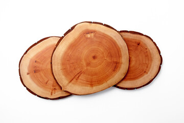 Wooden cutting boards isolated on white background. Tree trunk cut for product presentation