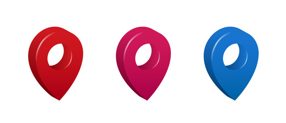 3d map pins. Map location pin. Navigation marker on the map. Vector set isolated on white background.