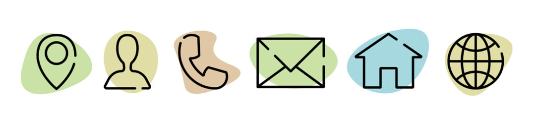 Business card icons. Contacts icons. Phone, user, envelope, address, home, at sign. Black vector icons isolated on white background. Vector clipart.