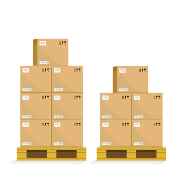 Boxes On Wooded Pallet Illustration, Flat Style Warehouse Cardboard Parcel Boxes Stack Front View Image Box On Pallet In Warehouse. Cardboard Boxes In Front On Wooden Palettes. Icon Of Delivery