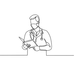Continuous line drawing of a doctor character with a stethoscope and clipboard. concept of doctor giving advice. Professional consultation and recommendation in doodle style