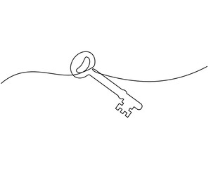 continuous one line drawing of keys. Real estate keys icon. Success keys, solutions, opportunities and safety concept in doodle style.