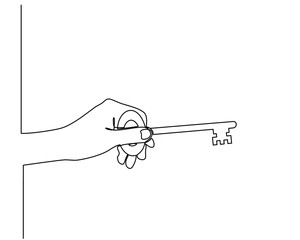 Continuous one line drawing of hand holding key concept. Real estate lock icon. Success keys, solutions, opportunities and safety concept in doodle style.