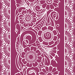 seamless repeating oriental border, contour white floral pattern on a lilac background, texture, frame
