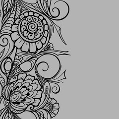 seamless repeat oriental border, outline black floral pattern on gray background, texture, frame