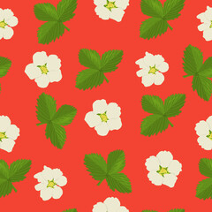 Strawberry with leaf and flower seamless pattern.  Floral vector print for wrapping paper, textile, fabric, material, wallpaper