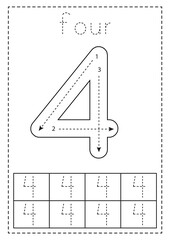 Tracing number four. Preschool worksheet. Black and white.