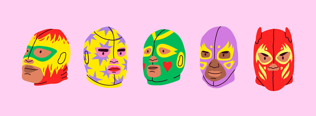 Various Lucha libre masks. Luchador colorful head set. Traditional Mexican wrestling masks. Luchadores Heroes. Hand drawn modern Vector illustration. Every head is isolated. Cartoon style