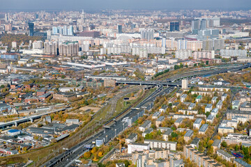 Aerial view of the north of Moscow from the observation deck in Moscow City on a sunny autumn day