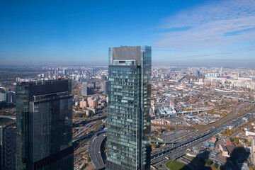 Fototapeta na wymiar Aerial view of the north of Moscow from the observation deck in Moscow City on a sunny autumn day