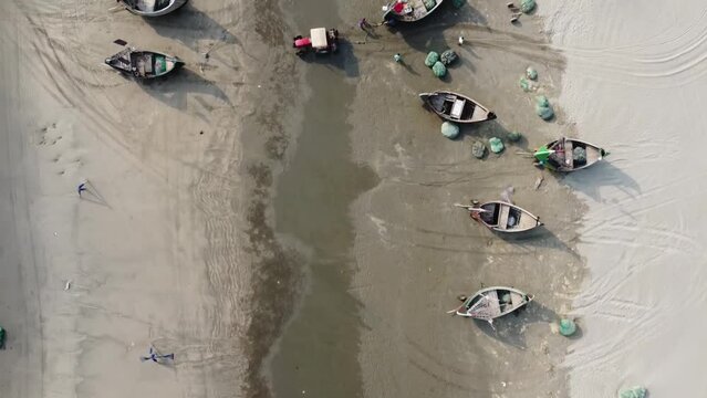 Aerial View of Fishing Boats Docked on The Beach in Cox's Bazar, Bangladesh