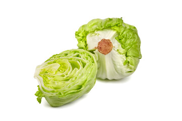 Fototapeta premium Iceberg lettuce head and half, fresh leafy green vegetable isolated on white
