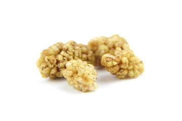 Dried mulberry isolated on white background. Dry sweet berries morus alba