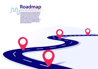 Foto op Plexiglas Roadmap infographic with milestones. Business concept for project management or business journey. Vector illustration of a blue winding road on white background with red milestones.  © iconimage