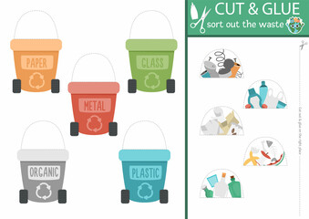 Vector ecological cut and glue activity. Crafting game with rubbish containers. Fun printable worksheet for children. Find the right piece of the puzzle. Complete the picture zero waste page. - obrazy, fototapety, plakaty