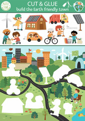 Vector ecological cut and glue activity. Crafting game with earth friendly town. Fun printable worksheet for children. Find the right piece of the puzzle. Earth day complete the picture page.