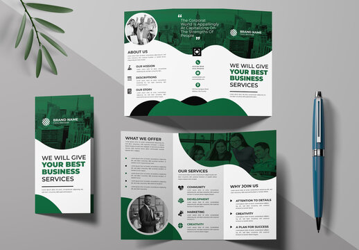 Business Trifold Brochure Layout with Green Accents