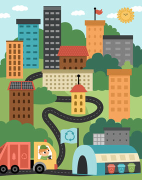Vector eco city scene. Ecological town landscape with zero waste concept. Green city illustration with buildings, rubbish truck, waste recycling plant. Earth day or nature protection picture.