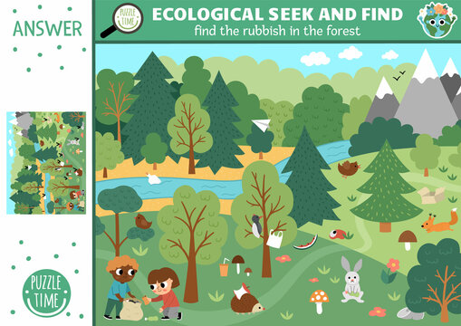 Vector ecological searching page with forest landscape and rubbish. Spot hidden garbage in the picture. Simple zero waste seek and find educational printable activity for kids. Earth day game.