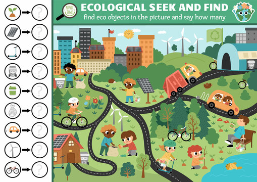 Vector ecological searching game with eco city landscape. Spot hidden objects in the picture and say how many. Simple earth day seek and find and counting printable activity for kids.