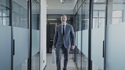 Successful businessman walking along office corridor with a briefcase, in a hurry for meeting