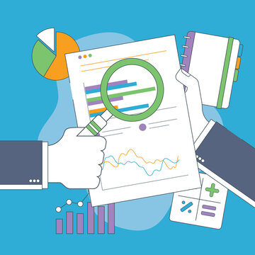 Vector design of business, analysis and accounting. Businessman hand with magnifying glass over chart. Business analysis, accounting and business financial report concept.
