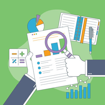 Vector design of business, analysis and accounting. Businessman hand with magnifying glass over chart. Business analysis, accounting and business financial report concept.