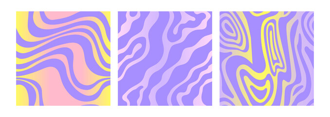 Fototapeta na wymiar Set of colorful psychedelic patterns with abstract organic shapes and gradients. Trendy retro backgrounds in 90s, 00s style. 
