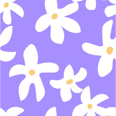 Cute seamless pattern with abstract white flowers. Blossom spring vector purple background