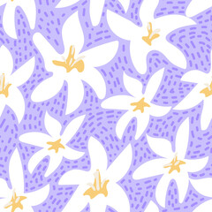 Cute seamless pattern with white flowers. Blossom spring vector purple background