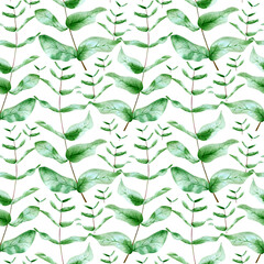 Seamless eucalyptus leaves pattern. Watercolor background with botanical illustration of green plant leaf and branch for textile, wallpaper, kitchen decor
