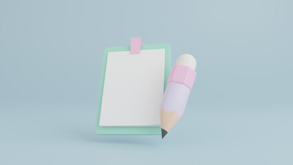Pencil icon and paper clipboard, Check list with pencil, Fast work on project plan, Paper checklist, Blank paper, Copy space, 3D rendering illustration concept
