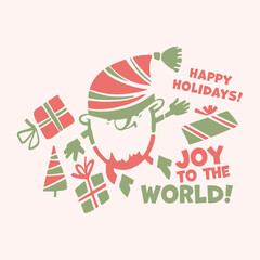 Gnome and Xmas presents. Christmas, new year print