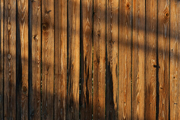 Brown wooden fence texture with shadows in evening sunlight. Background of wooden planks.