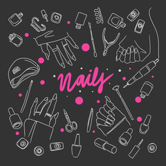 Set of long nails with manicure and pedicure tools, accessories, doodle, dark background