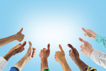 Hands with thumbs up. Concept of successful teamwork, or public approval. Like thumb ok symbol, yes, okay, good, well, fine, nicely - obrazy, fototapety, plakaty