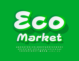 Vector advertising Banner Eco Market. Bright Handwritten Font. Sticker style Alphabet Letters and Numbers set