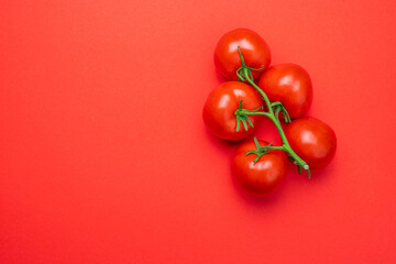 Tomato on a branch sprout on white wooden table top view flatlay. Fresh juicy ripe tomato Red Cherry fruits. Salad preparation ingredients. Empty copy space for mockup